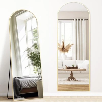 Image of Melodieux Bogen Full Length Mirror 161 x 52 cm Large Freestanding Gold Aluminium Frame Dressing Wall Mounted for Living Room Bedroom