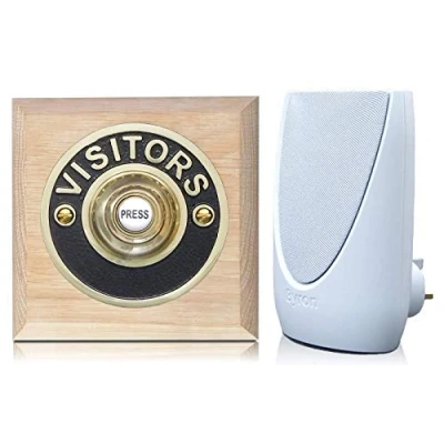 Image of Byron 100m Wireless Period Plug in Doorbell kit Push on Plinth (Natural Oak Visitor Brass)