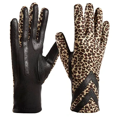 Image of Isotoner Women&#039;s Spandex Touchscreen Cold Weather Gloves with Warm Fleece Lining and Chevron Details, Leopard Smartdri, S M