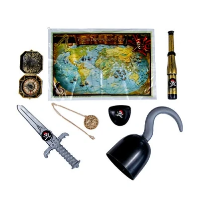 Image of TRIXES Childs Pirate Accessories, Set for Hook Dagger, Eye Patch, Treasure Map, Telescope Compass, Gold Medallion, Fancy Dress, Costume Kids, Party Accessories