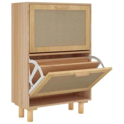 Image of vidaXL Shoe Cabinet in Brown, Scandinavian Style Storage Unit with Engineered Wood and Natural Rattan, 2 Drawer Design, Ideal for Entryway/Hallway/Living Room/Bedroom.