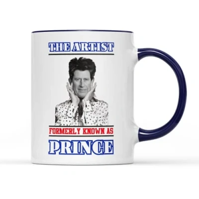 Image of SMARTYPANTS Artist Known As Prince Mug Tea Coffee Cup King Charles III Royal Coronation of His Majesty The Crown Ceremony Celebration Memorabilia Kitchen Home Decor (Cobalt Handle)