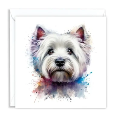 Image of West Highland Terrier (Westie) Dog Watercolour Splash Effect Artistic Blank Greeting Card
