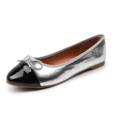 Image of Womens Ballet Flat Pumps Ladies Girls Dolly Dollie Slip On Ballerina Work Smart Office Formal Fashion Bow Round Toe Flats Shoes Silver Metallic