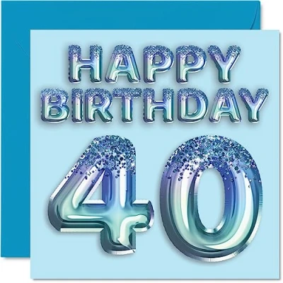 Image of 40th Birthday Card for Men Blue Glitter Party Balloon Happy Cards 40 Year Old Man Friend Dad Brother Uncle Cousin, 145mm x Forty Fortieth Bday Greeting Gift