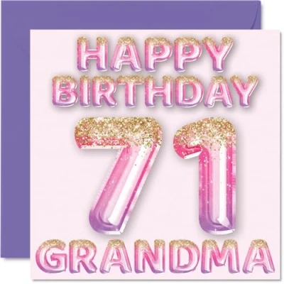 Image of 71st Birthday Card for Grandma Pink &amp; Purple Glitter Balloons Happy Cards 71 Year Old from Grandson Granddaughter, 145mm x Bday Greeting Gift