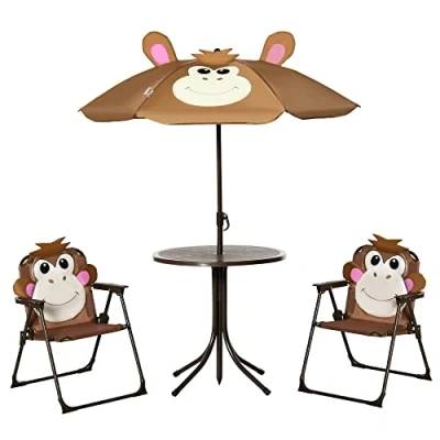 Image of Outsunny Kids Bistro Table and Chair Set, Outdoor Folding Garden Furniture w/Monkey Design, Removable, Adjustable Sun Umbrella, Ages 3 6 Years Brown
