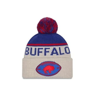 Image of New Era Buffalo Bills NFL 2024 Sideline Historic Sport Knit Beige Blue Bobble Hat