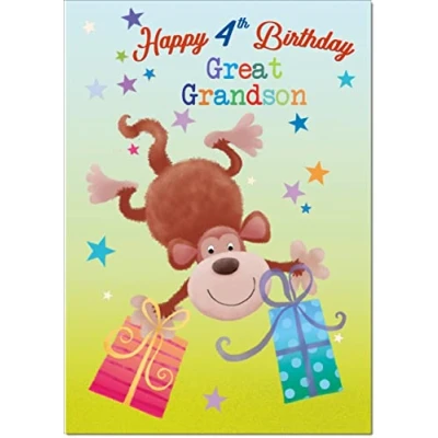 Image of doodlecards Great Grandson 4th Birthday Card Age 4 Monkey Medium Size with Plain Envelope
