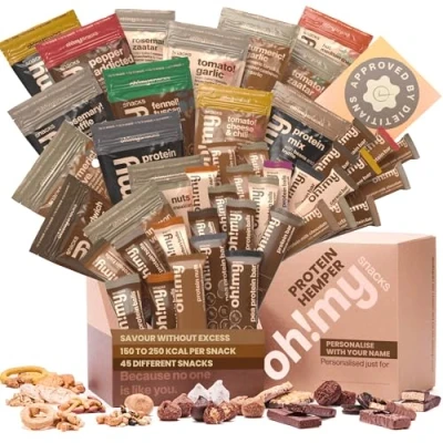 Image of Oh!mysnacks Protein Hamper Snack Gift Box of High Low Calorie Snacks Healthy for Adults Selection in a Luxury (45 Snacks)