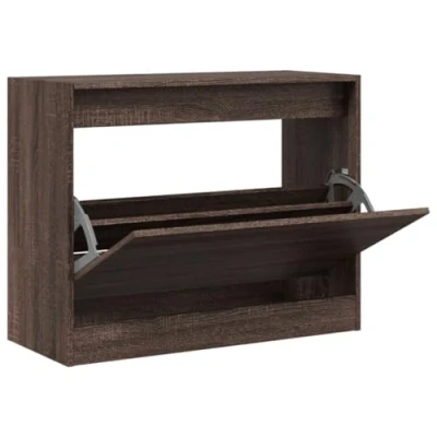 Image of vidaXL Engineered Wood Shoe Cabinet Brown Oak, Compact Flip Drawer Design, 80x34x63 cm, Footwear Organiser