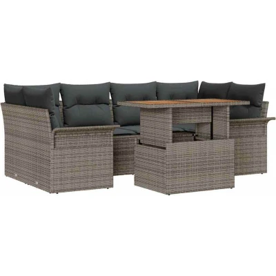 Image of vidaXL 7 Piece Garden Sofa Set with Cushions Grey Poly Rattan Acacia