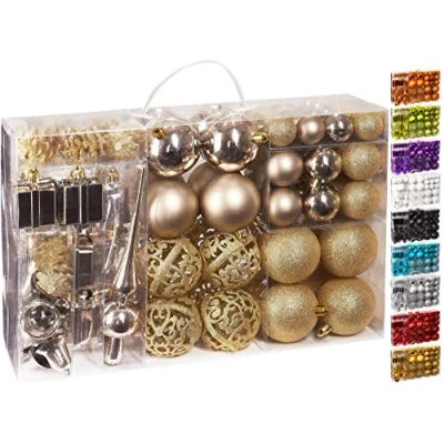 Image of BRUBAKER 101 Pack Assorted Christmas Ball Ornaments Shatterproof with Tree Topper Designed in Germany Champagne