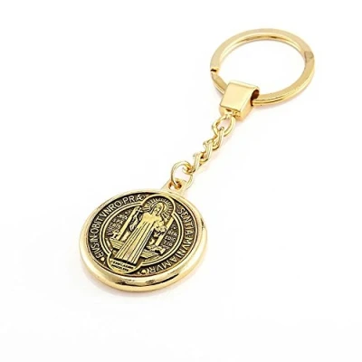 Image of Saint Benedict of Nursia Keychain Gold Plated Locket Holy Patron Europe Spiritual Christian Religious Keyring Gift