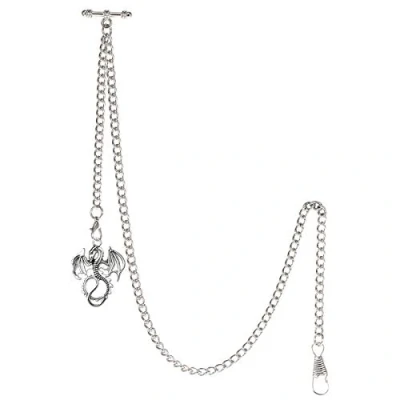 Image of TREEWETO Men&#039;s Albert Chain Pocket Watch Curb Link Key 2 Hooks with Antique Dragon Silver Pendant Design Charm Fob T Bar