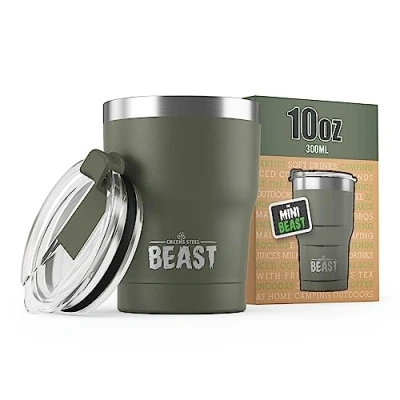 Image of Beast Tumbler 300 ml (10 oz), Army Green Reusable Stainless Steel, Vacuum Insulated Cup Double Wall Travel Flask Perfect for Hot or Iced Coffee BPA Free