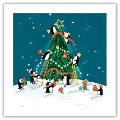 Image of Christmas Cards Pack of 8 Penguins Decorating the Tree Artistic Festive Design by Ag Jatkowska Made in UK Eco Friendly