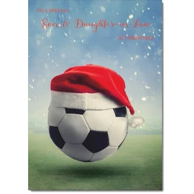 Image of doodlecards Son and Daughter in Law Christmas Card Santa Hat Football Blue Medium Size for &amp; with Plain Envelope