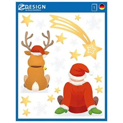 Image of AVERY Zweckform 9 Window Stickers Reindeer Santa Stars (Made in Germany, Self Adhesive Stickers, Christmas Decoration Window, Film, Removable, Glossy), 1 Sheet/9 52299