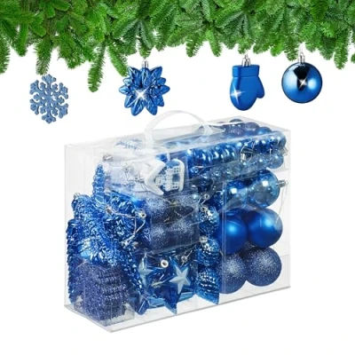 Image of Relaxdays 100x Christmas Ornaments, Baubles, Glittering, Matte &amp; Shiny, Tree Decorations, Plastic, 10 Designs, Blue, 24 x 30 12 cm