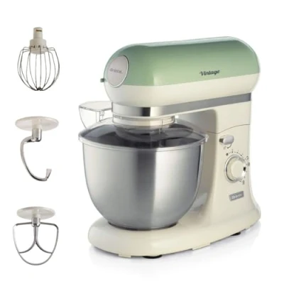 Image of Ariete Vintage 8804 Stand Mixer Food Processor, 1200W, 5.5 Litre Stainless Steel Bowl, Planetary Motion, 7 Speeds + Pulse, Anti Splash Cover, Green