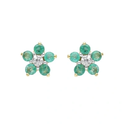 Image of Ivy Gems 9ct Yellow Gold Emerald and Diamond Flower Stud Earrings