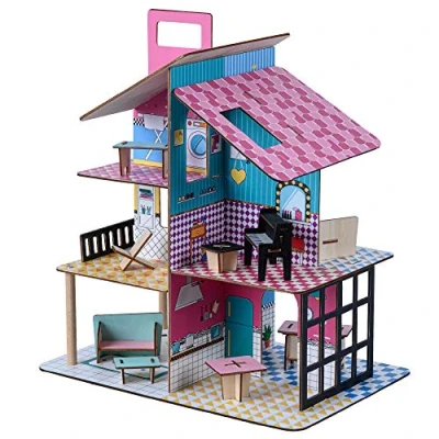 Image of Olivia&#039;s Little World 360 Kids Wooden Doll house 3.5&quot; Dolls &amp; 12 Accessories Multi TD 13260C