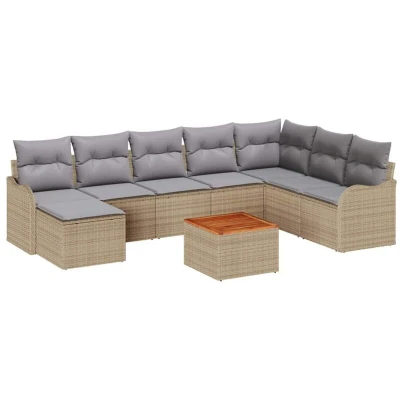 Image of vidaXL 9 Piece Garden Sofa Set with Cushions Beige Poly Rattan Acacia