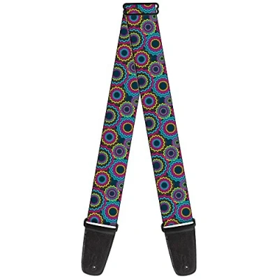 Image of Buckle Down Guitar Strap Jagged Rings Teals Fuchsia Yellow 2 Inches Wide