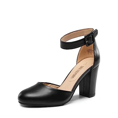 Image of DREAM PAIRS Womens High Heels Closed Toe Court Shoes Block Ankle Strap Ladies Sandals for Wedding,Size 5,Black Pu,Angela