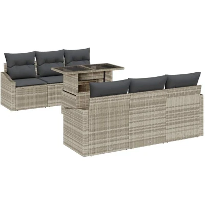 Image of vidaXL 7 Piece Garden Sofa Set with Cushions Light Grey Poly Rattan