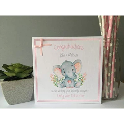 Image of Personalised Handmade Congratulations on New Baby Girl Card Parents Watercolour Elephant
