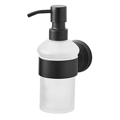 Image of AMARE Wall Mount Black Drilling or Gluing Glass Dispenser Refillable for Bathroom and Kitchen Ideal Liquid Soap, Lotion Disinfectant, Stainless Steel, Seifenspender m. Wandhalterung