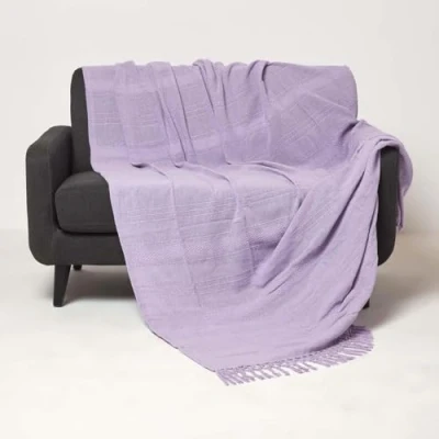 Image of HOMESCAPES Handwoven Lilac Purple Throw 225 x 255 cm Textured 100% Cotton Blanket with Tassels Lightweight All Season “Kashi Bed or Sofa