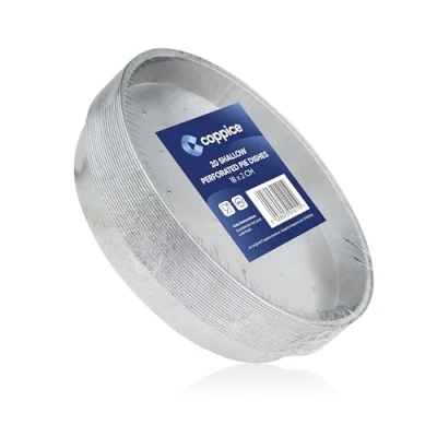 Image of Coppice Shallow Perforated Aluminium Foil Pie Dish for Baking, Serving &amp; Food Storage 18cm x 2cm Freezer, Microwave Oven Safe (20)