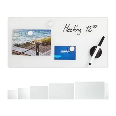Image of Relaxdays Glass Magnetic Dry Erase Memo Board, Writable, 3 Magnets, Safety Magnet White