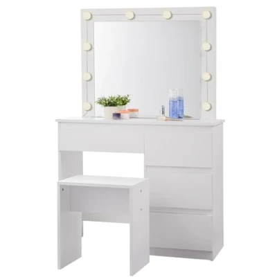 Image of EUGAD Dressing Table with LED Lighting Mirror, Makeup Vanity Stool, Bedside 4 Drawers, Large desk Top 90 x 40 cm, Modern Cosmetic for Bedroom, White 0029SZT