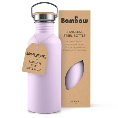 Image of Bambaw Stainless Steel Water Bottle 1l, Purple Bottle, Non Insulated Metal BPA Free Leakproof Reusable Lavander Haze