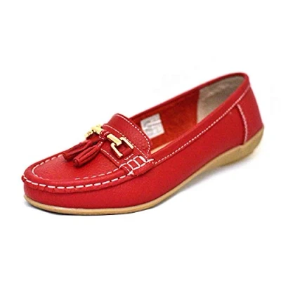 Image of Jo &amp; Joe Women Leather Flat Loafer Ladies Casual Comfy Slider Low Wedge Heel Work Shoes (Dark Red, 8)