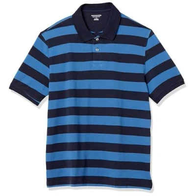 Image of Amazon Essentials Men&#039;s Regular Fit Cotton Pique Polo Shirt (Available in Big &amp; Tall), Black Blue Stripes, L