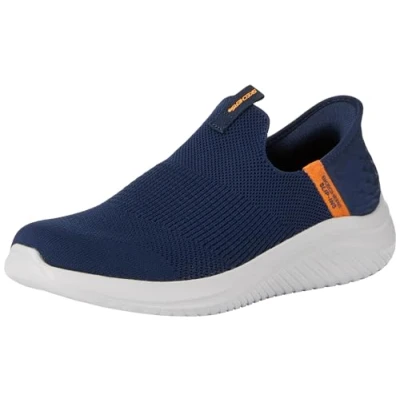 Image of Skechers Slipins Stretch Trainers for kids, Size: 11.5K, Navy/orange Textile