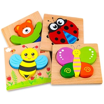 Image of Afufu Wooden Jigsaw Puzzles for Toddlers 1 2 3 Years Old, Boys &amp;Girls Educational Montessori Learning Toys Gift with 4 Animals Patterns, Bright Vibrant Color Shapes of Animal