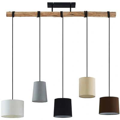 Image of Lindby pendant light Amilia, wood, fabric, 5 bulb, E27
