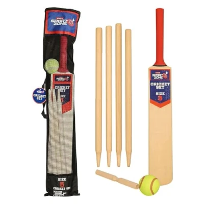 Image of A2Z 4 Kids Cricket Set Rubber Grip Wooden Bat / Stumps Bails and Soft Ball Size 3 For Active Sports Outdoor Beach Garden Family Trip Game Play With Mesh Carry Bag