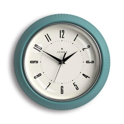 Image of Jones Clocks® Ketchup wall clock Retro round 25cm Teal Easy to read numbers Perfect kitchen or office
