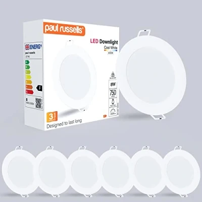 Image of paul russells LED Ceiling Downlights, 8W Slim Recessed Bathroom Kitchen Ceilings, 750 Lumens, 4000K Cool/Natural White, Cutout 95 105mm, Round Non Dimmable Panel Spotlights, 6 Packs