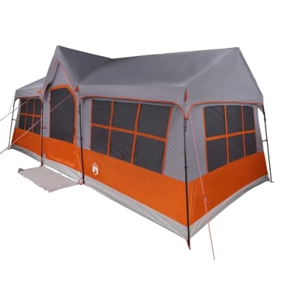 Image of vidaXL 12 Person Camping Tent Easy Assembly, Waterproof &amp; UV Resistant, Grey/Orange, Collapsible, 295x622x238 cm