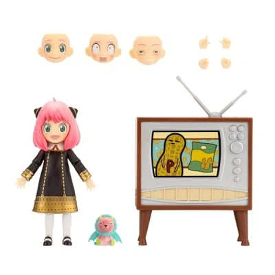 Image of Total Anime Spy X Family Anya Forger 6.5 Inch Scale Figure with Swappable Faceplates, Alternate Hands, Teddy Bear, and TV Set