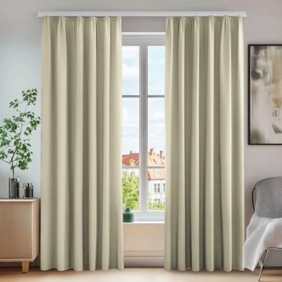 Image of Deconovo Home Decoration Energy Saving Curtains Pencil Pleat Blackout for Living Room W55 x L87 Dark Beige One Pair