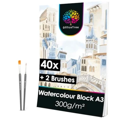 Image of OfficeTree 40 x Watercolour Paper Pad A3 300gsm White for Drawing Sheets of 2 Free Brushes
